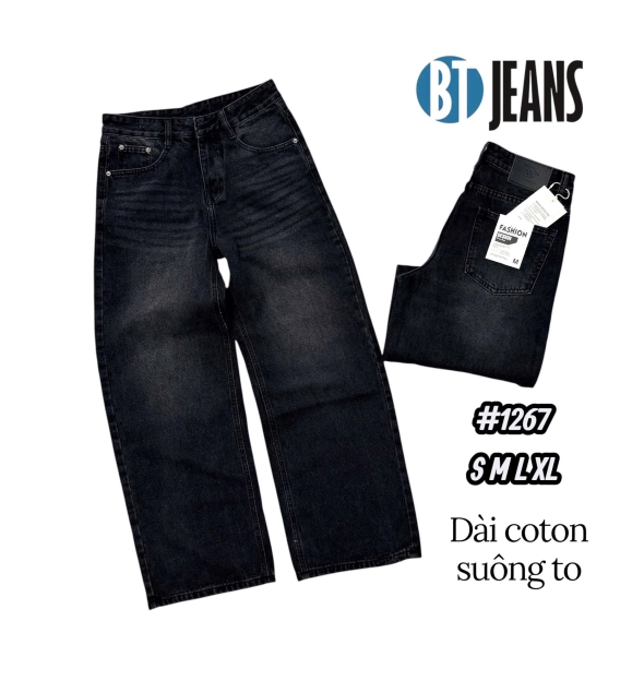 QUẦN JEAN DÀI COTTON SUÔNG TO MÀU ĐEN KHÓI WASH MS 1267 - slide 1