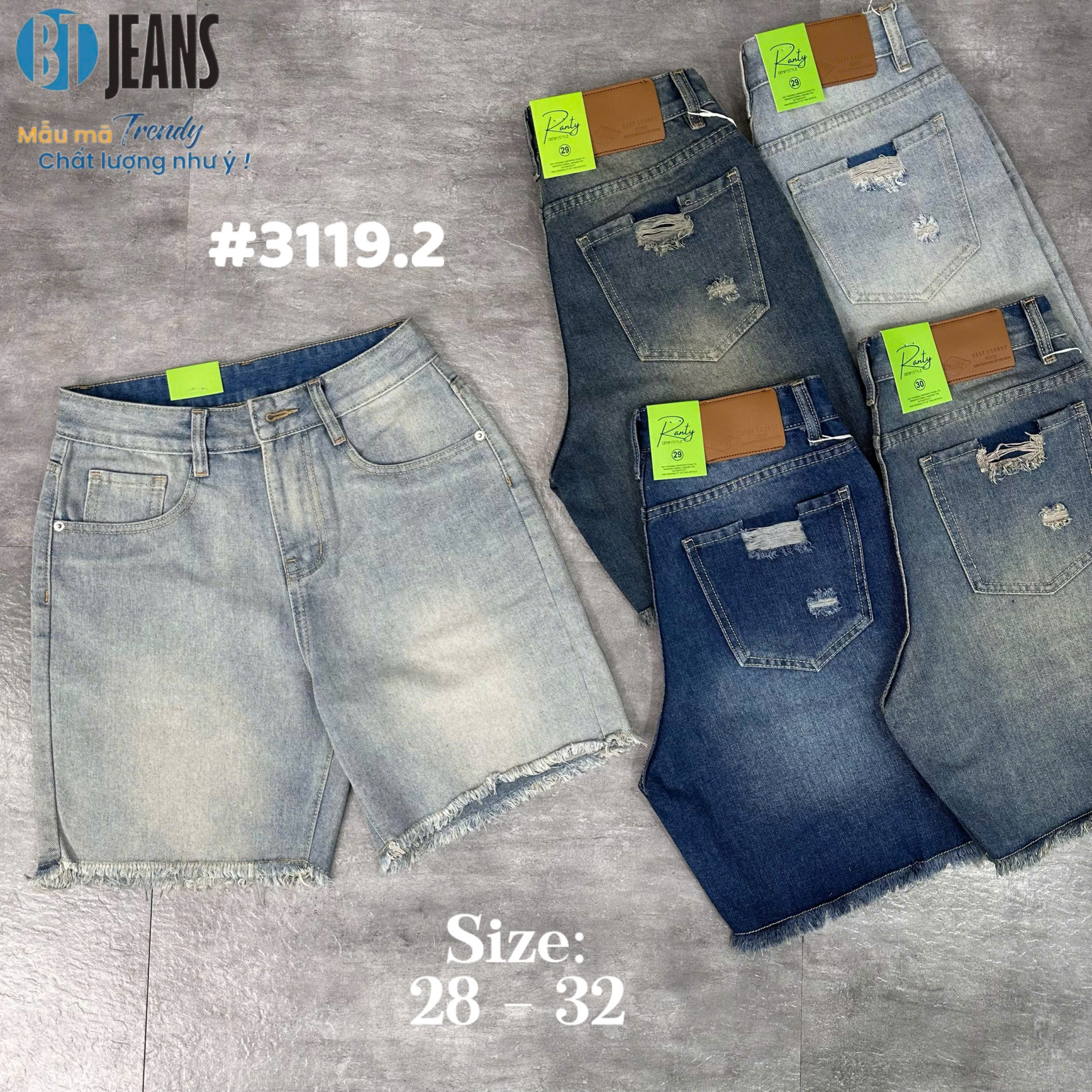 Quần short jeans trơn không giãn tua lai rách túi Ms 3119.2