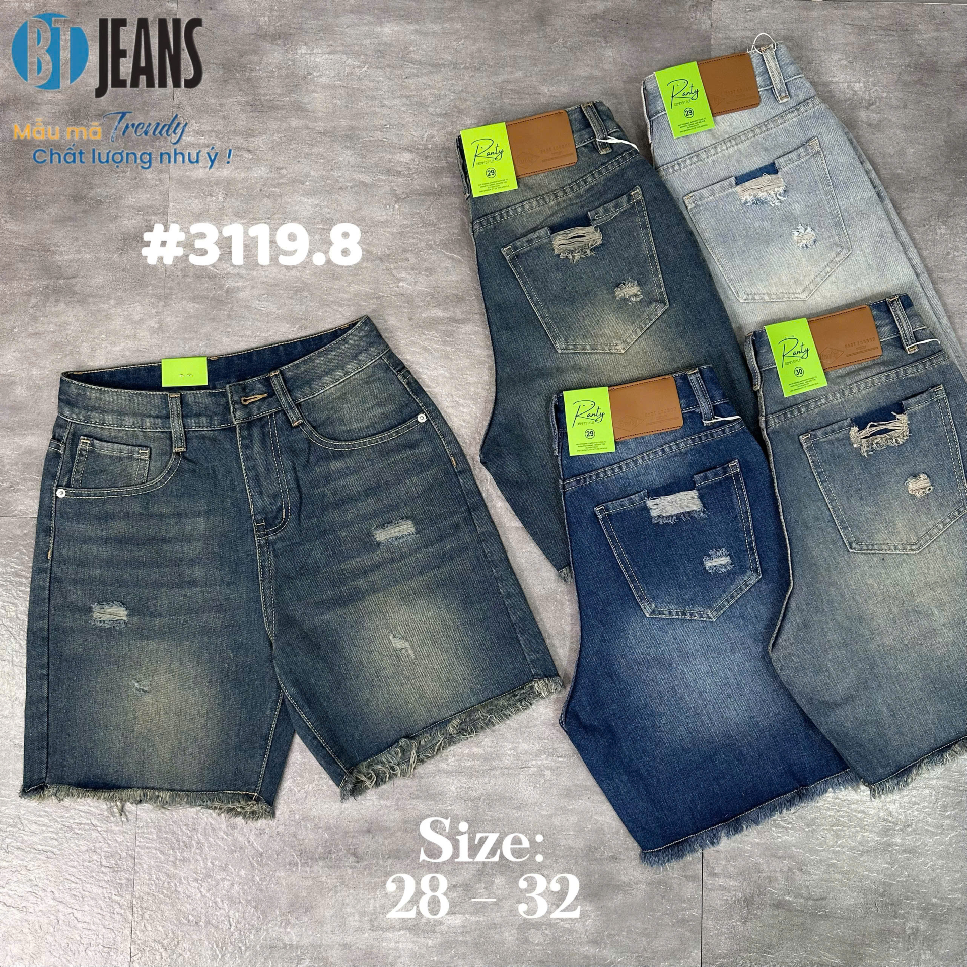 Quần short jeans trơn không giãn tua lai rách Ms 3119.8