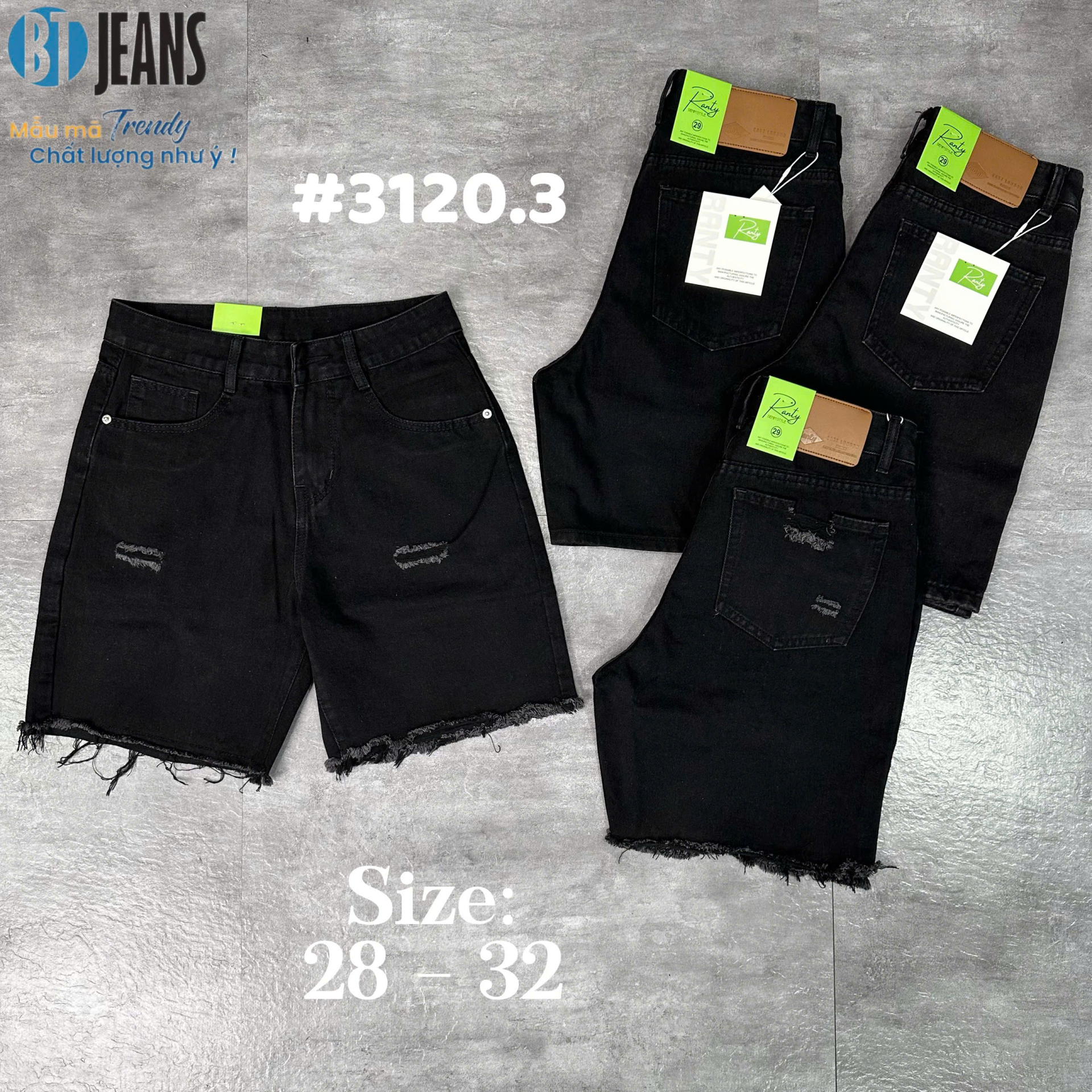 Quần short jeans trơn không giãn tua lai rách Ms 3120.3