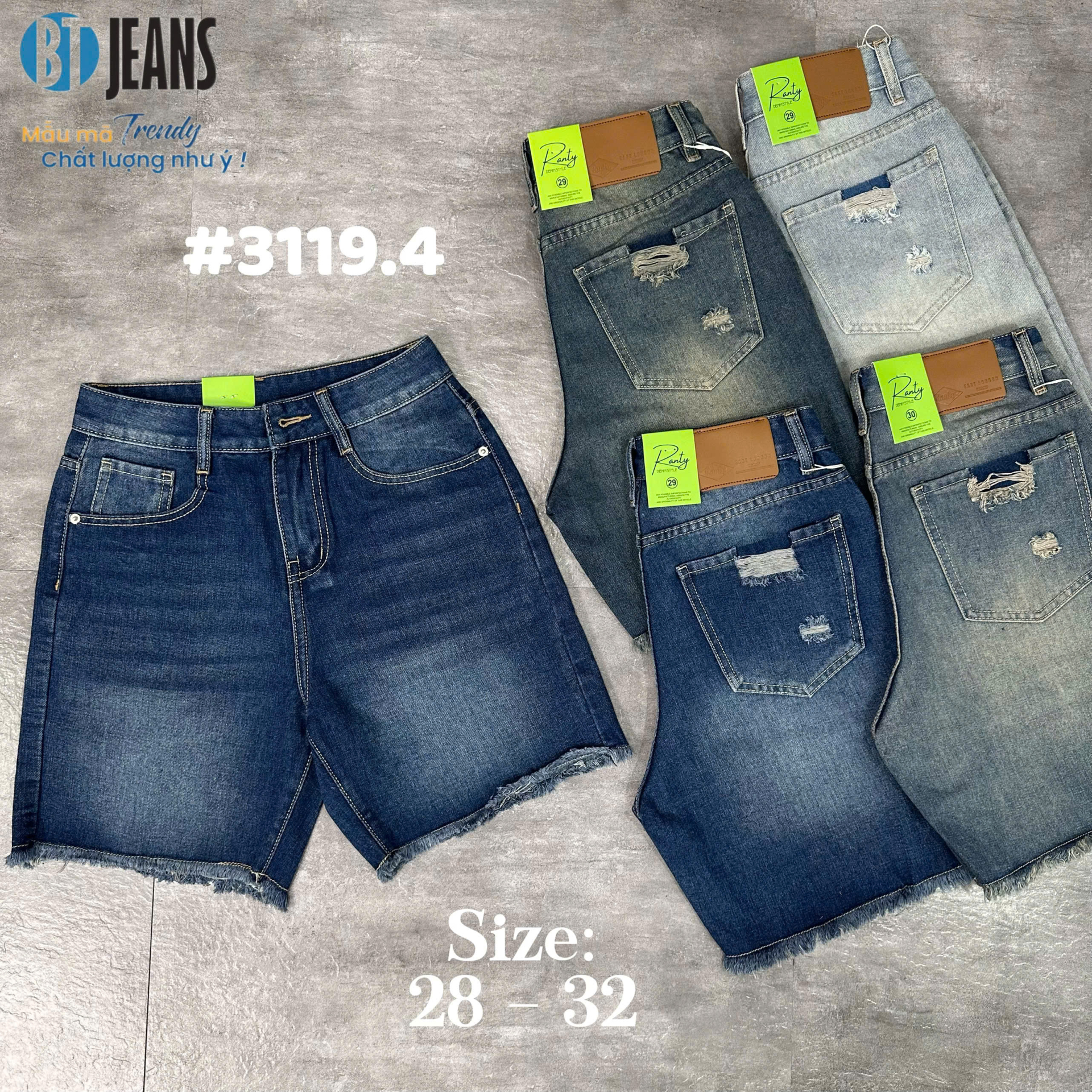 Quần short jeans trơn không giãn tua lai rách túi Ms 3119.4