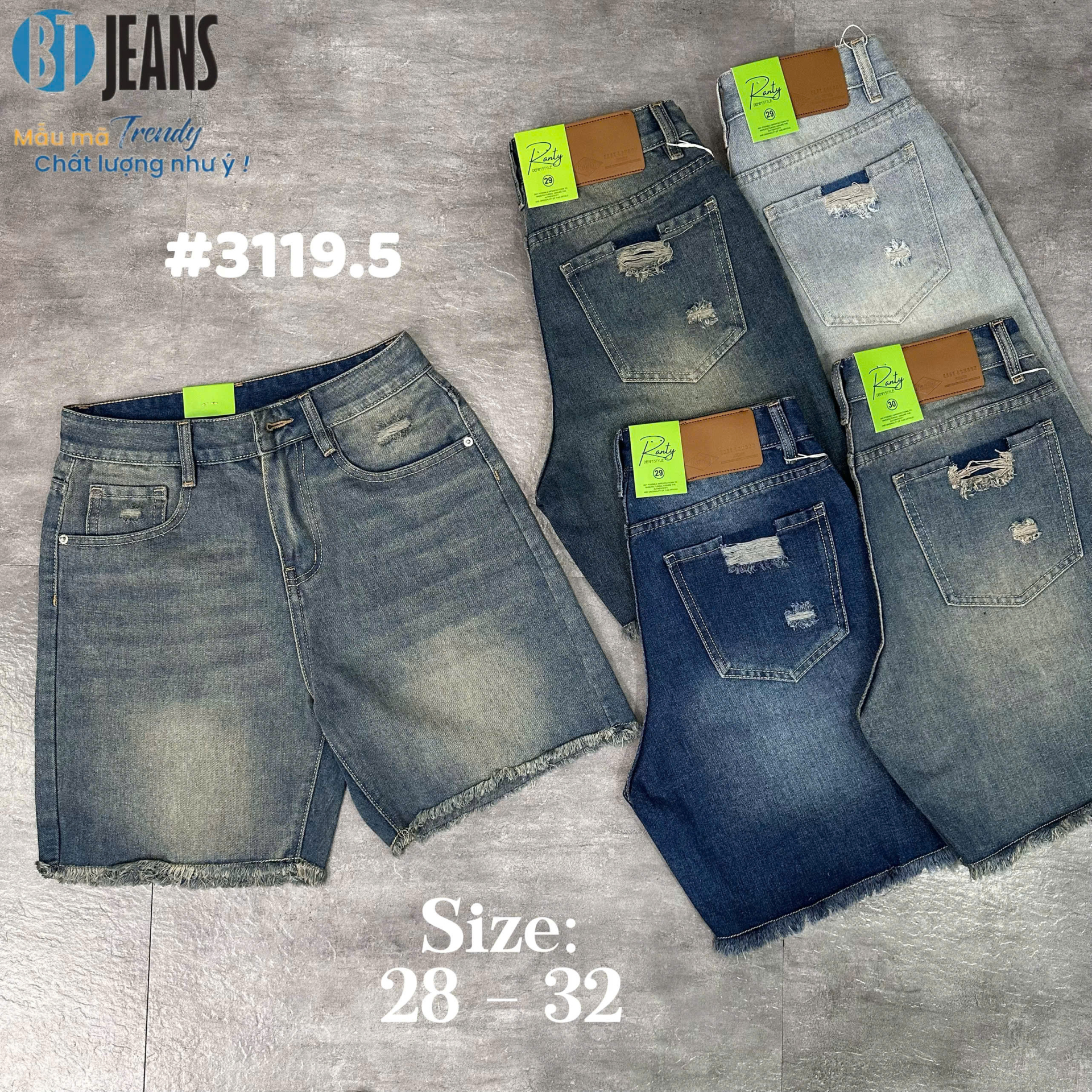 Quần short jeans trơn không giãn tua lai rách túi Ms 3119.5