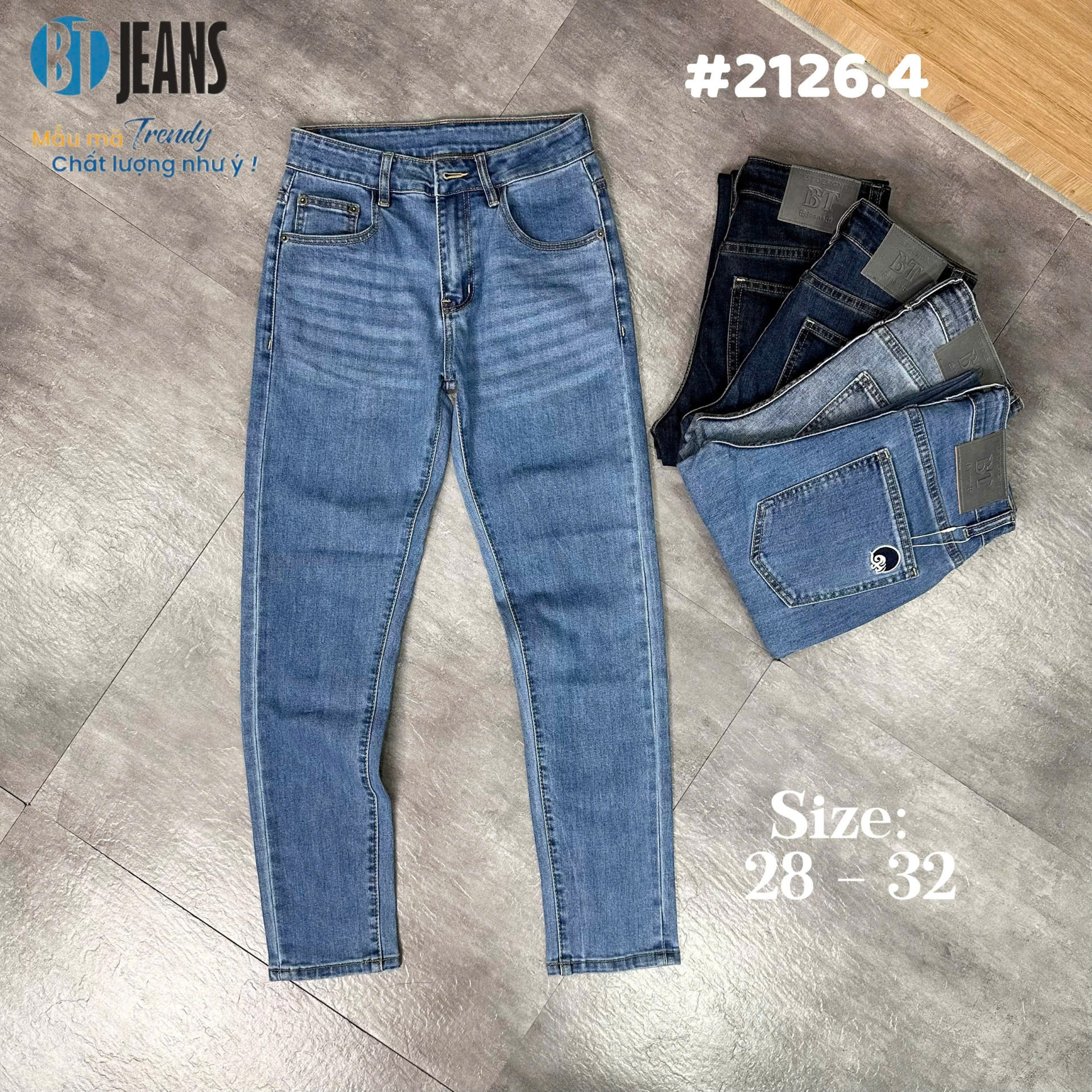 Quần jean nam trơn xanh cao cấp túi thêu Ms 2126.4