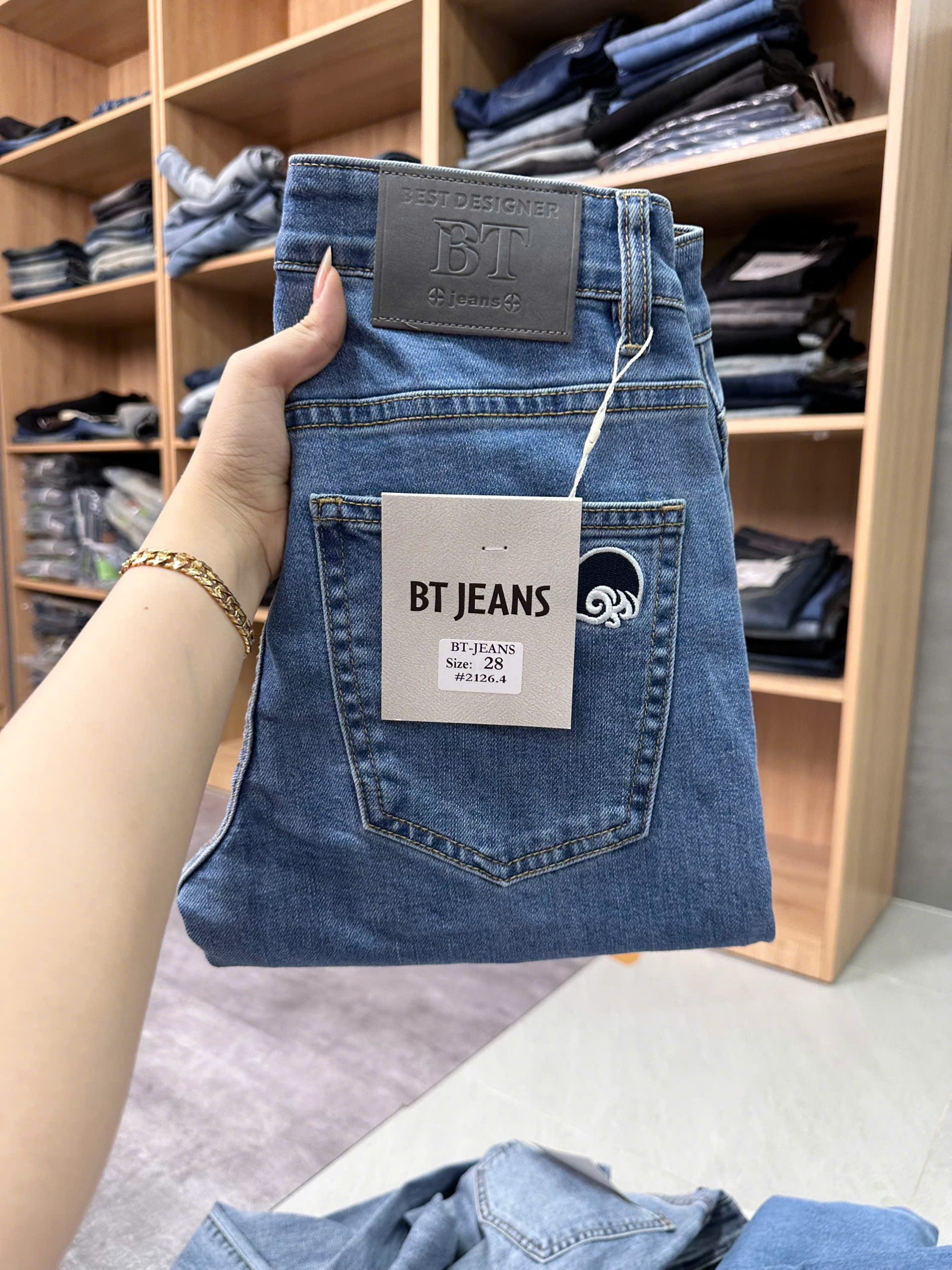 Quần jean nam trơn xanh cao cấp túi thêu Ms 2126.4