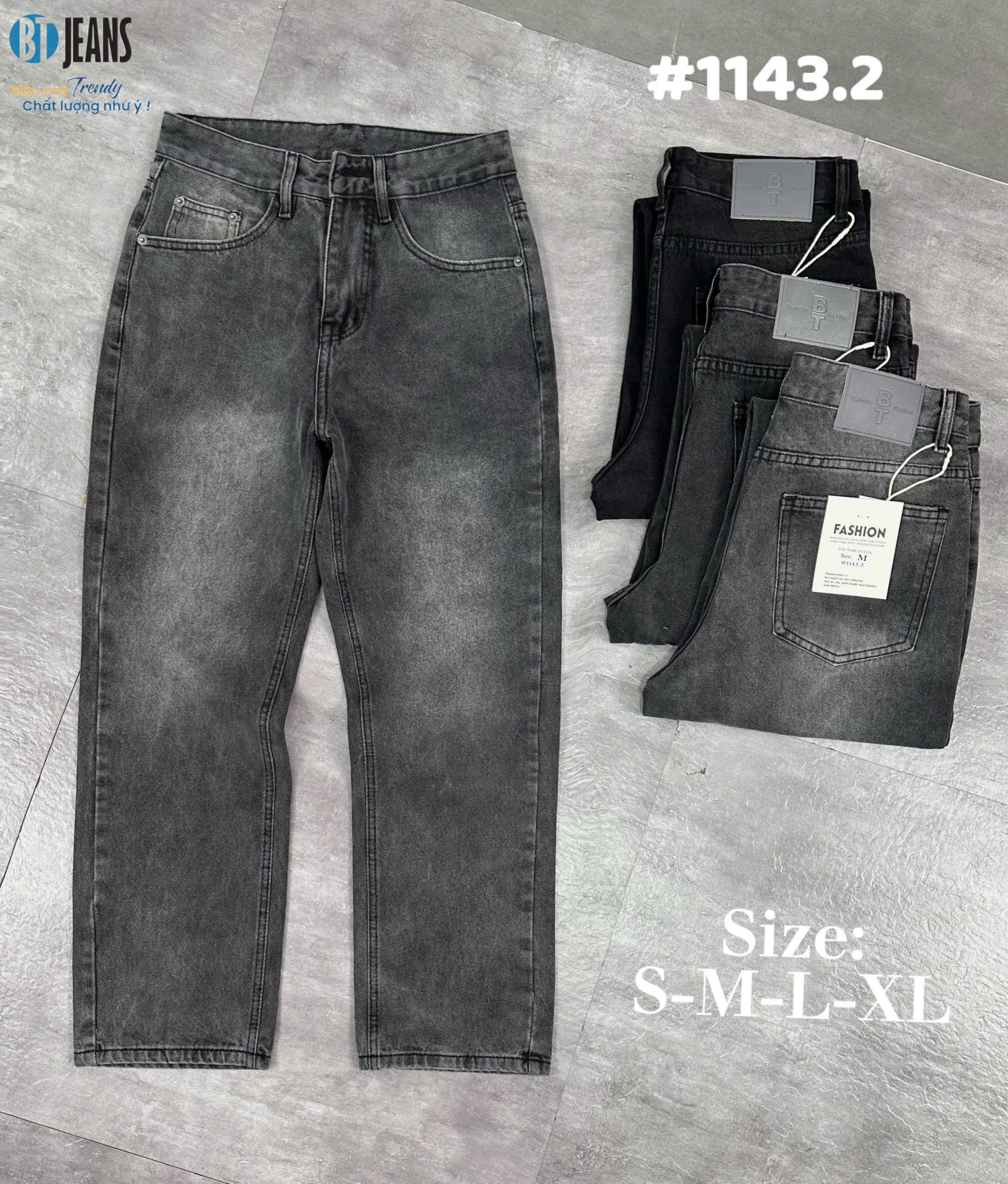 Quần jean nam cotton suông xám không giãn Ms 1143.2