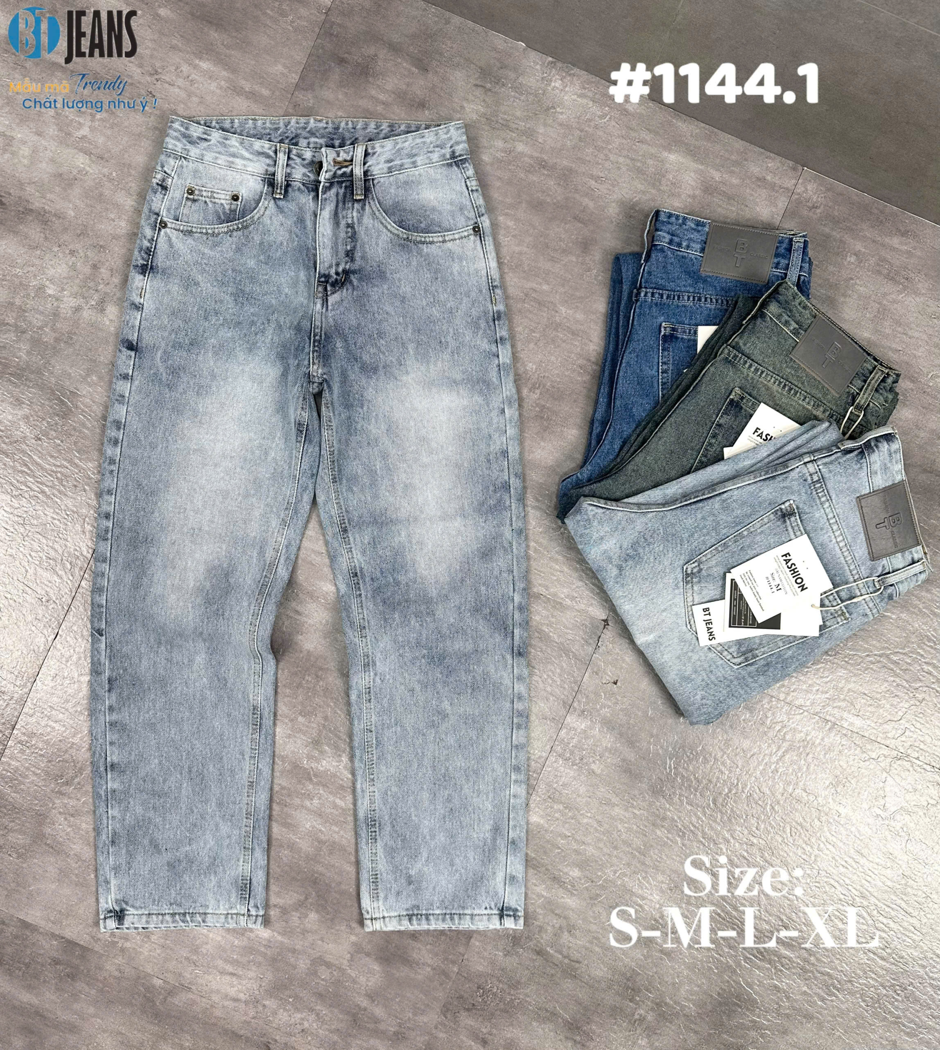 Quần jean nam cotton suông xanh sáng không giãn Ms 1144.1