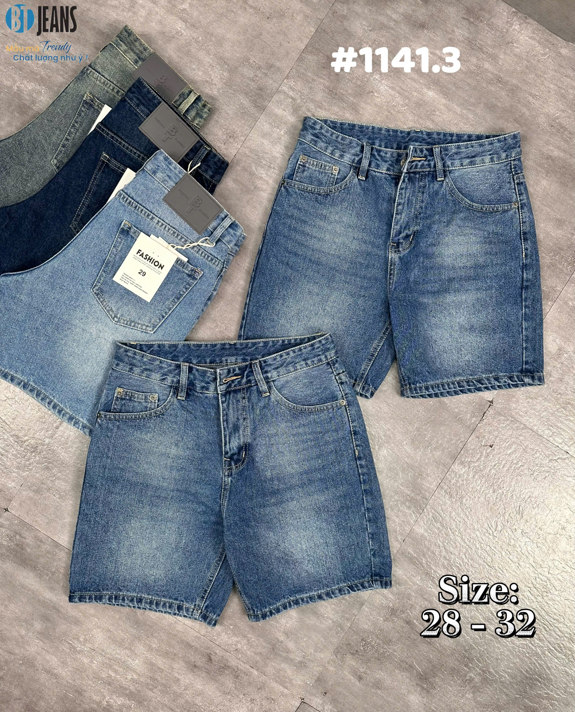 Quần short jeans xanh trơn không giãn cao cấp Ms 1141.3