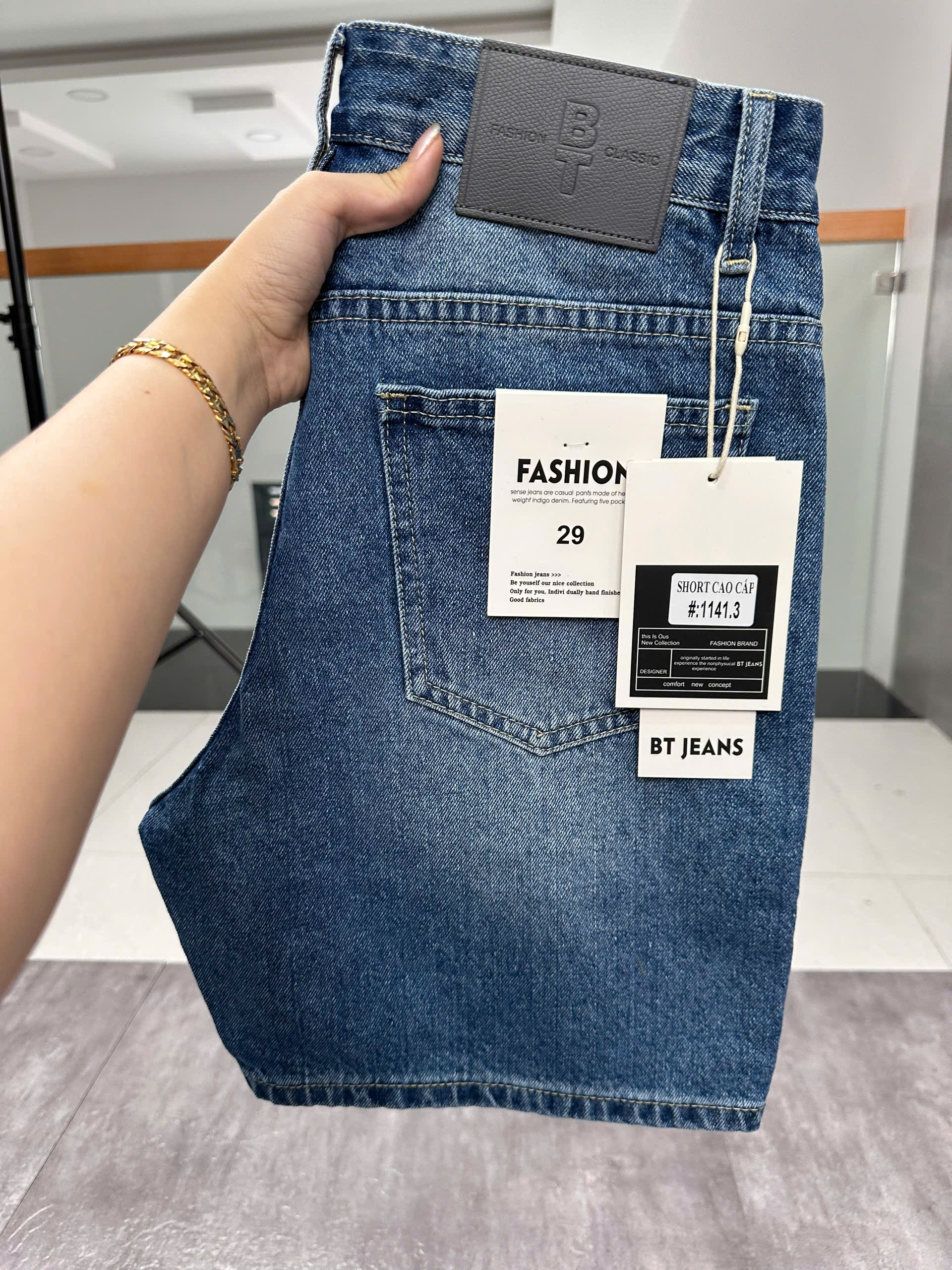 Quần short jeans xanh trơn không giãn cao cấp Ms 1141.3