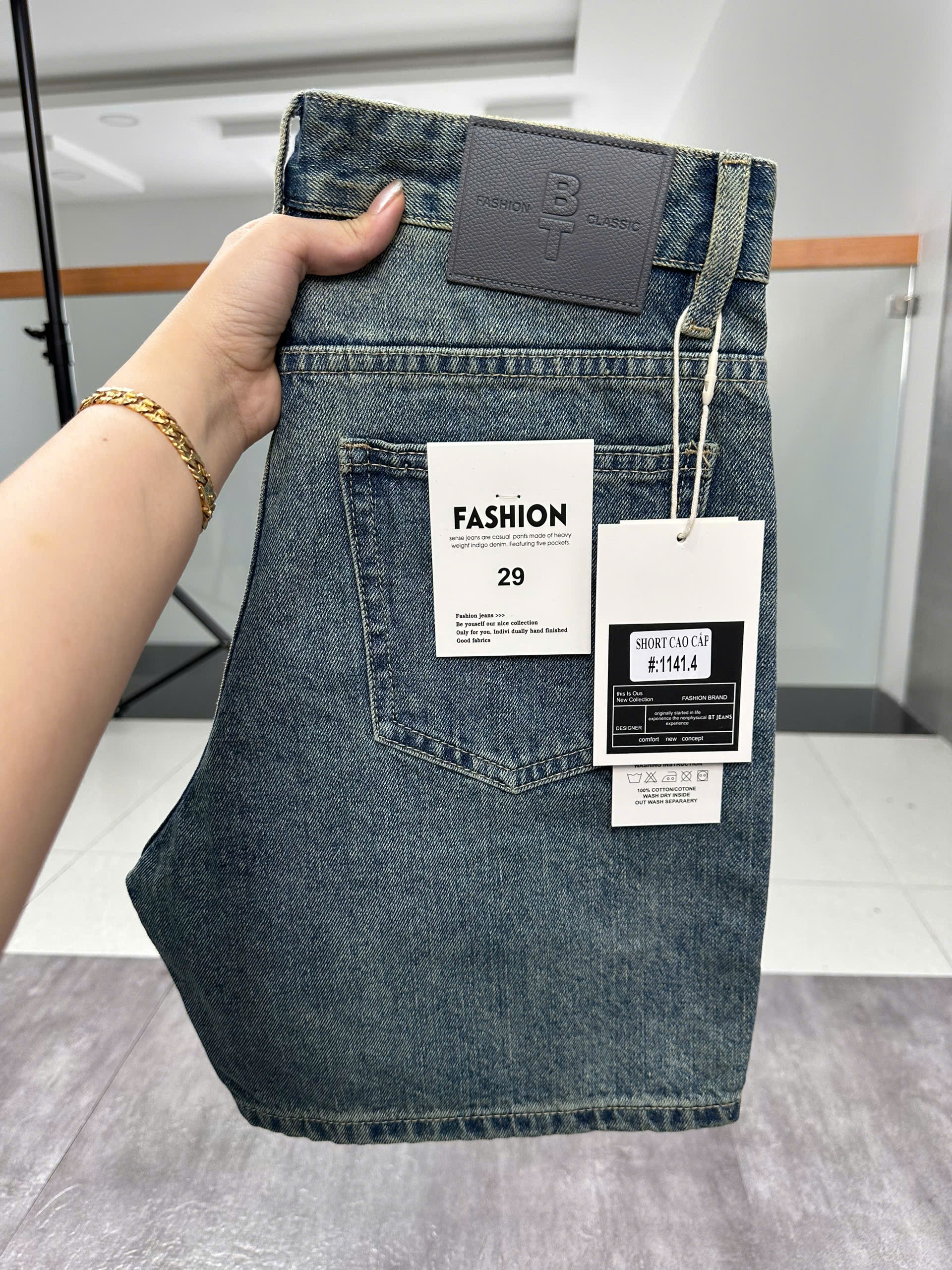 Quần short jeans xanh trơn không giãn cao cấp Ms 1141.4
