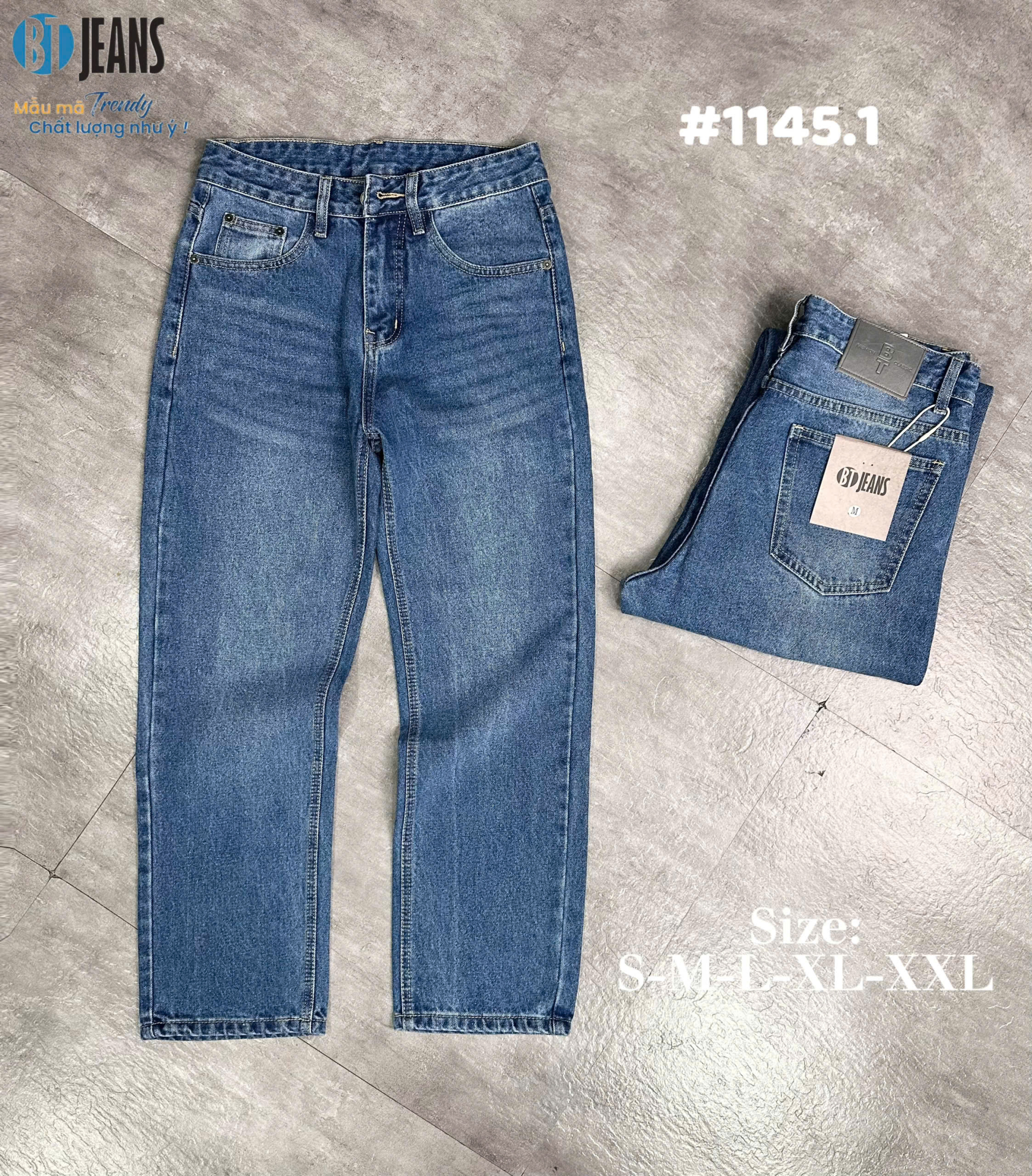 Quần jean nam cotton suông xanh không giãn Ms 1145.1