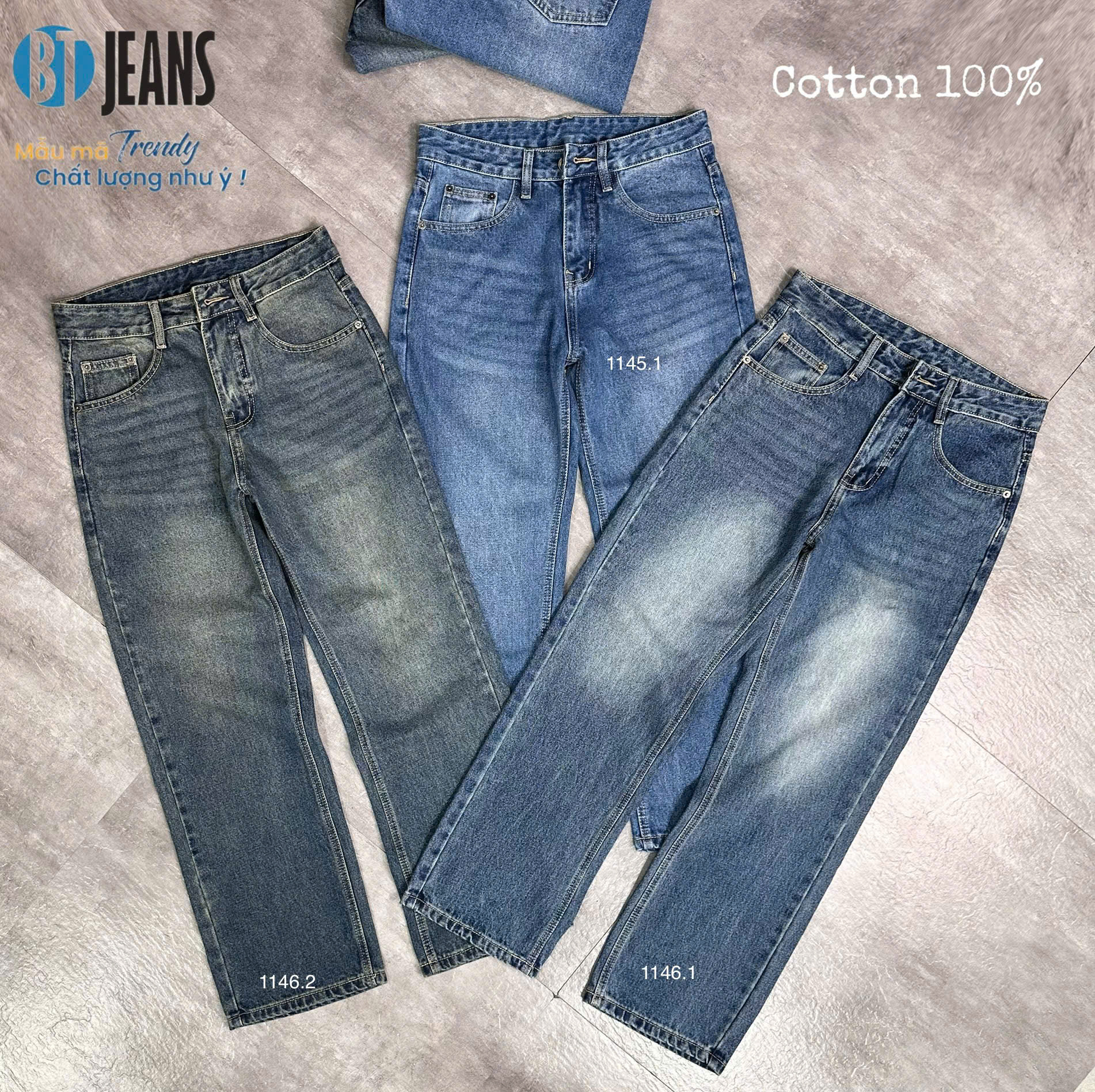 Quần jean nam cotton suông xanh không giãn Ms 1145.1