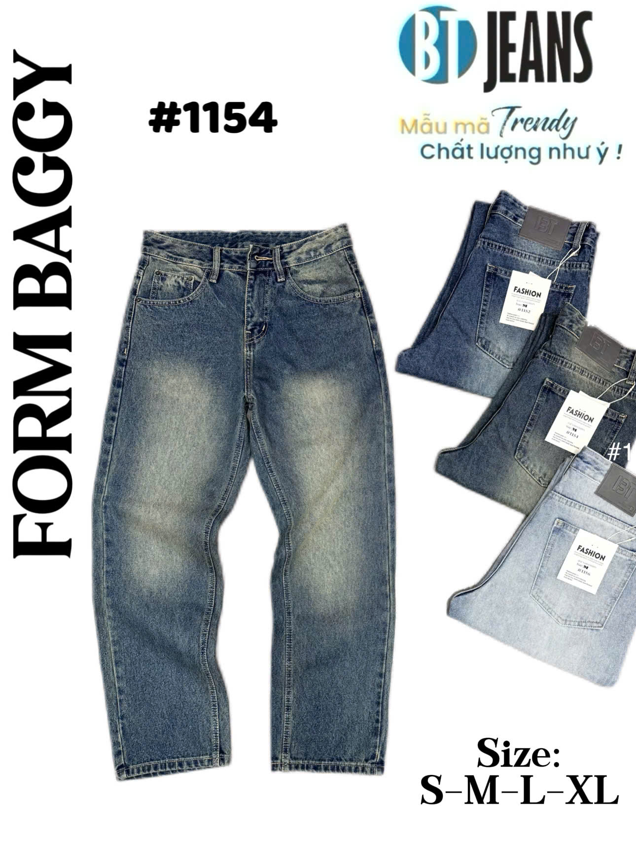 Quần jean nam cotton suông xanh không giãn Ms 1154