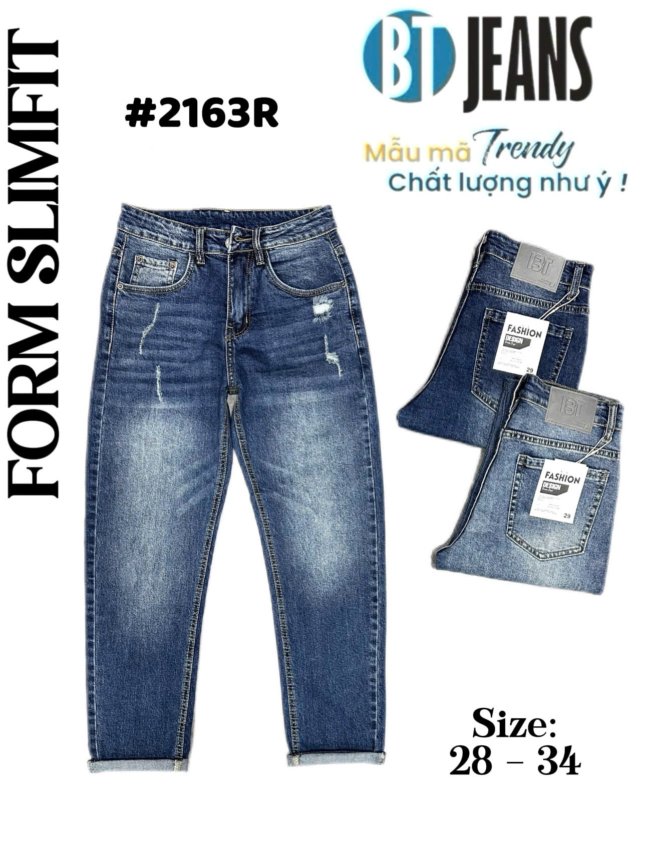 Quần jean nam trơn có giãn xanh rách cao cấp Ms 2163R