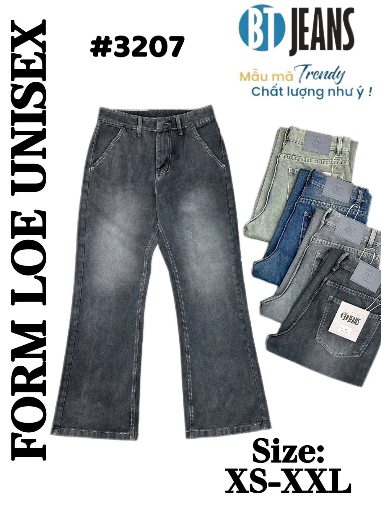 Quần jean nam cotton ống loe unisex không giãn Ms 3207