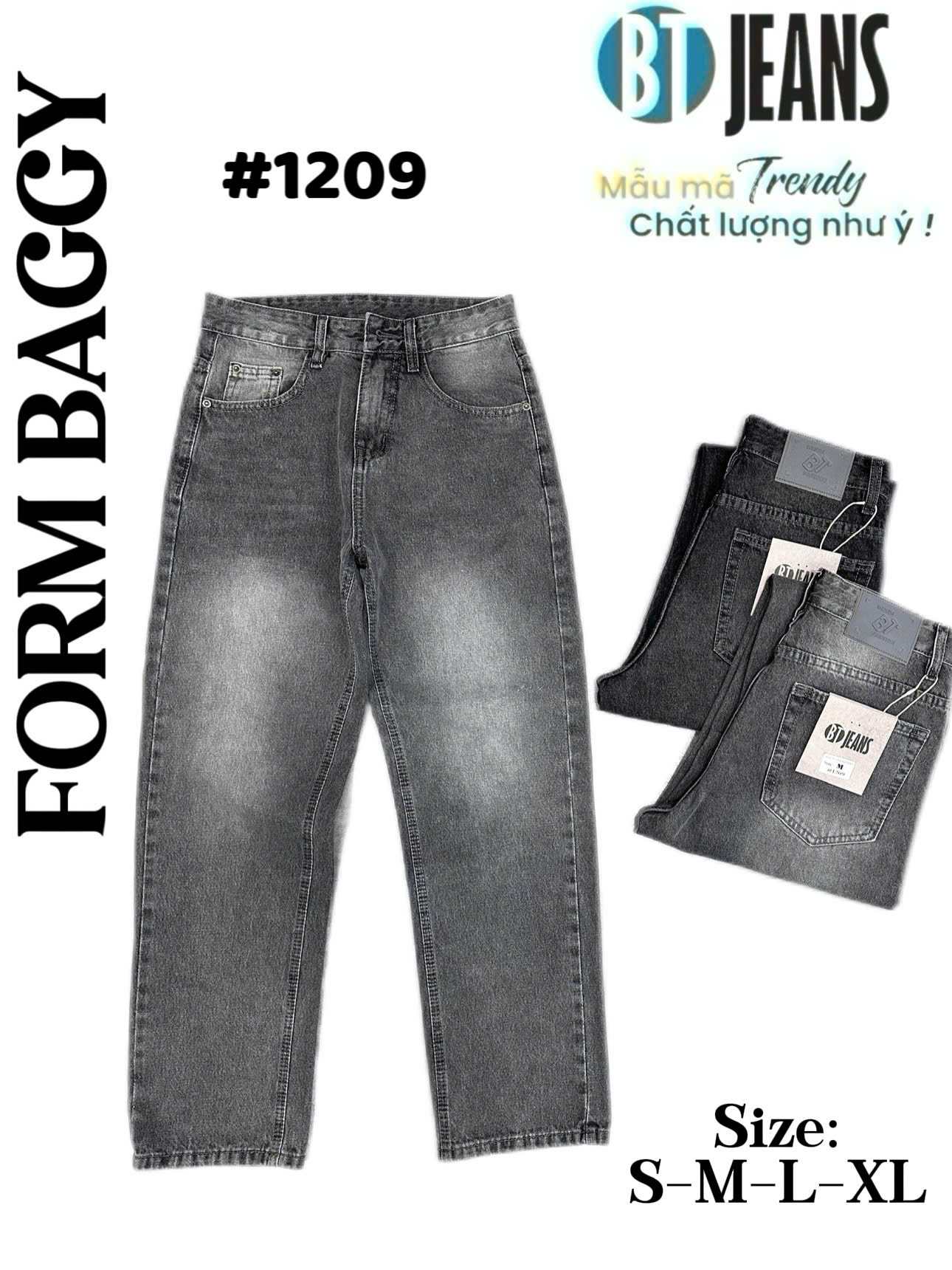 Quần jean nam cotton suông màu xám không giãn Ms 1209