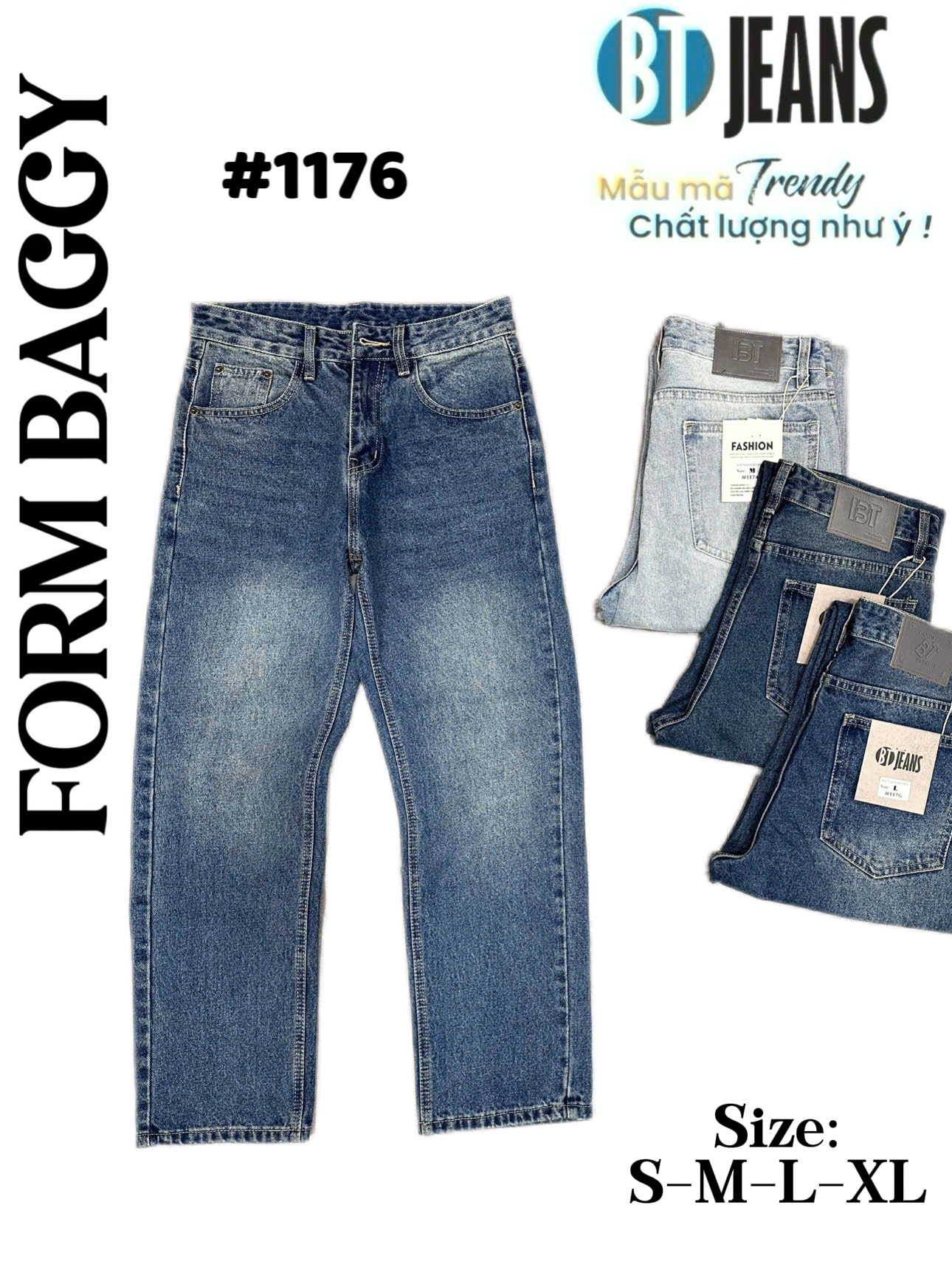 Quần jean nam cotton suông xanh không giãn Ms 1176