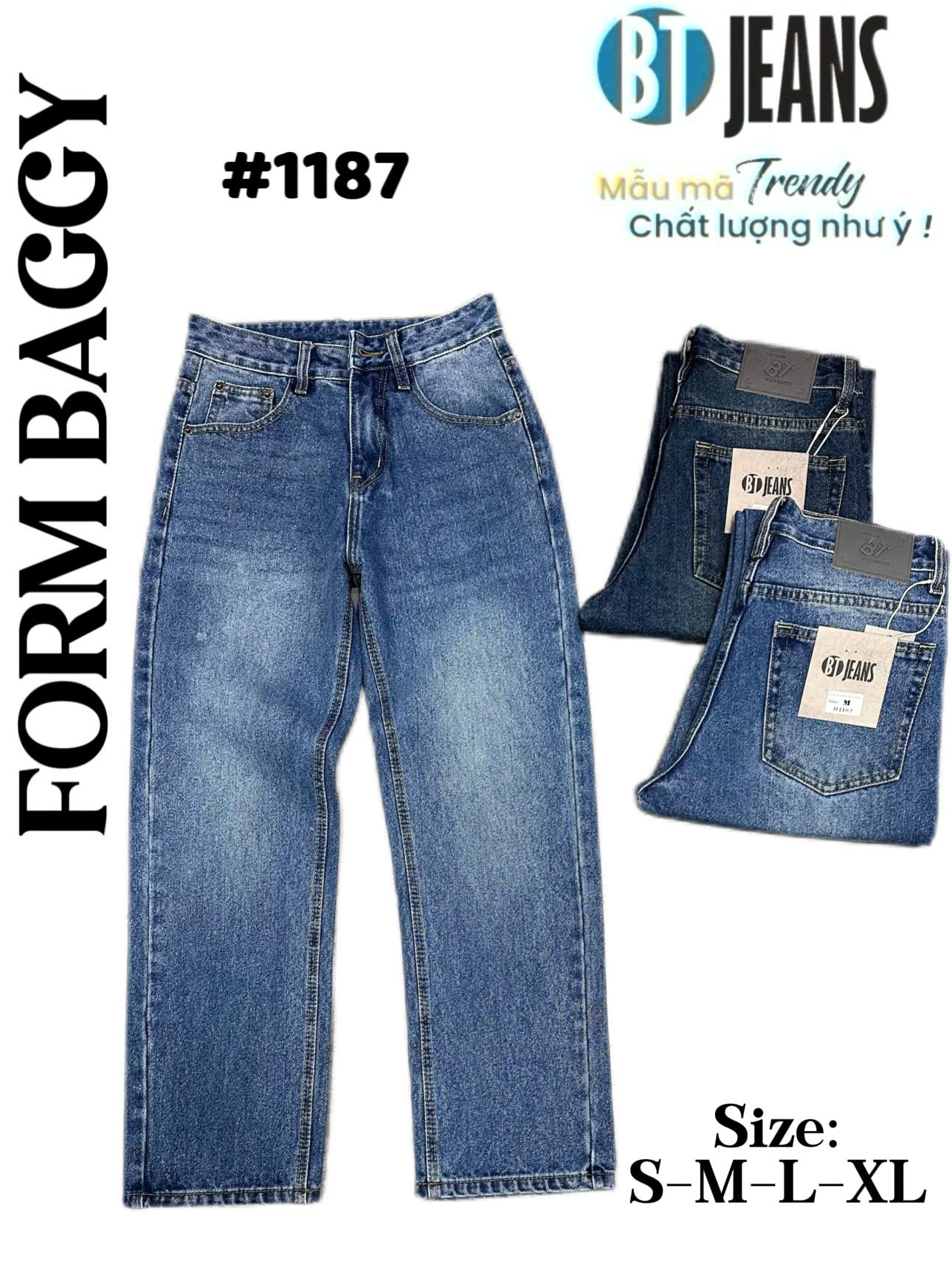 Quần jean nam cotton suông xanh không giãn Ms 1187