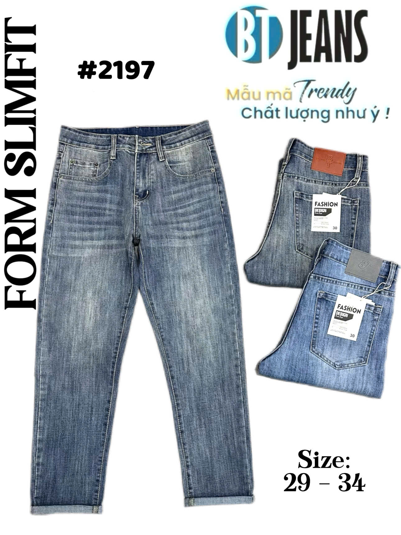 Quần jean nam form slimfit trơn xanh cao cấp Ms 2197