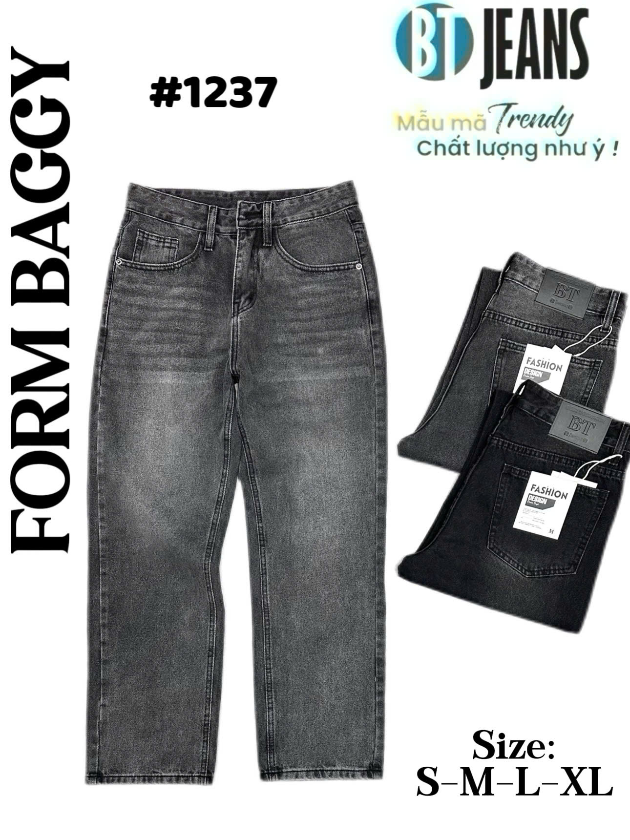 Quần jean nam cotton suông màu xám không giãn Ms 1237