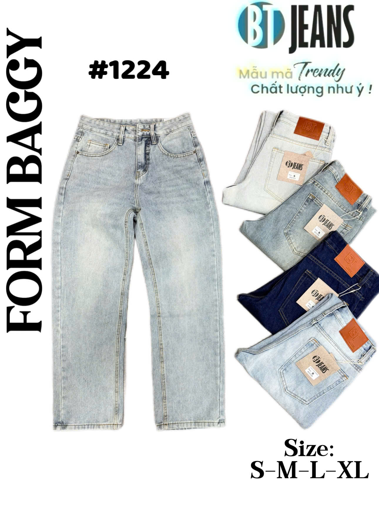 Quần jean nam cotton suông màu xanh không giãn Ms 1224