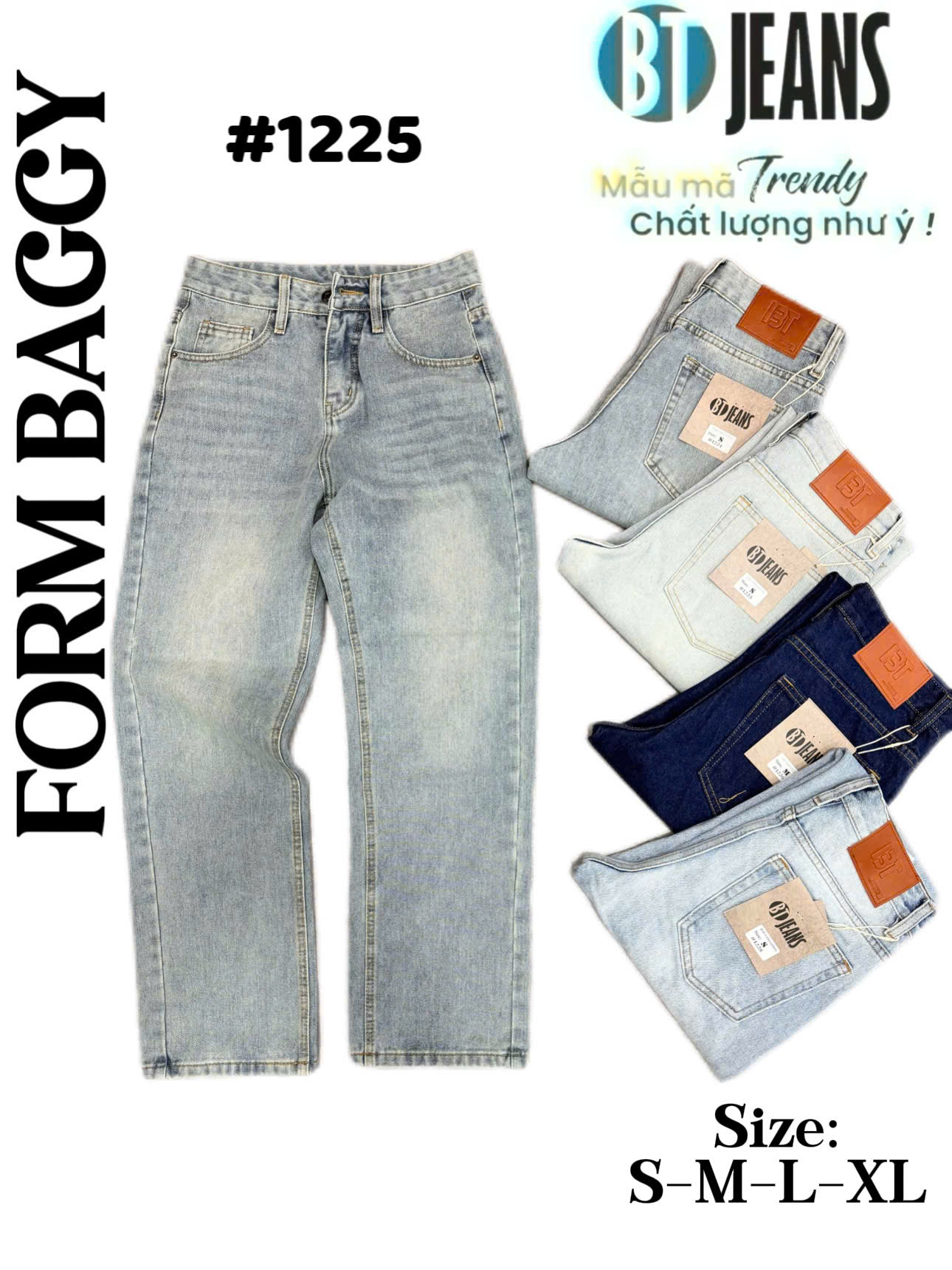 Quần jean nam cotton suông màu xanh không giãn Ms 1225